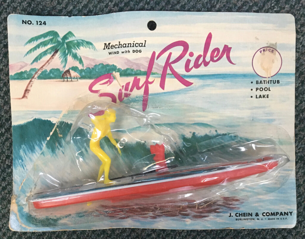 1960's J Chein Surf Rider with Scottie Dog Tin Litho Wind-Up: Mint on Card 3