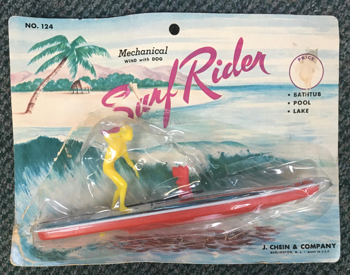j-chein-surf-rider-tin-litho-wind-up-1 1960's J Chein Surf Rider with Scottie Dog Tin Litho Wind-Up: Mint on Card 3