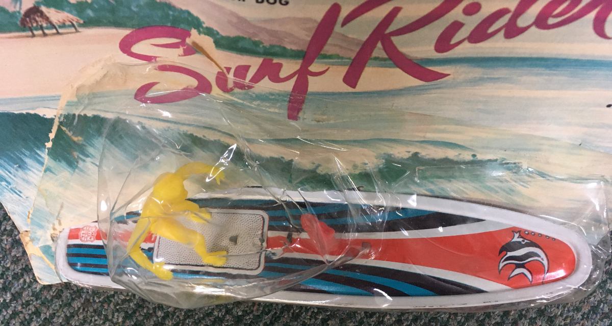 j-chein-surf-rider-tin-litho-wind-up-2 1960's J Chein Surf Rider with Scottie Dog Tin Litho Wind-Up: Mint on Card 1