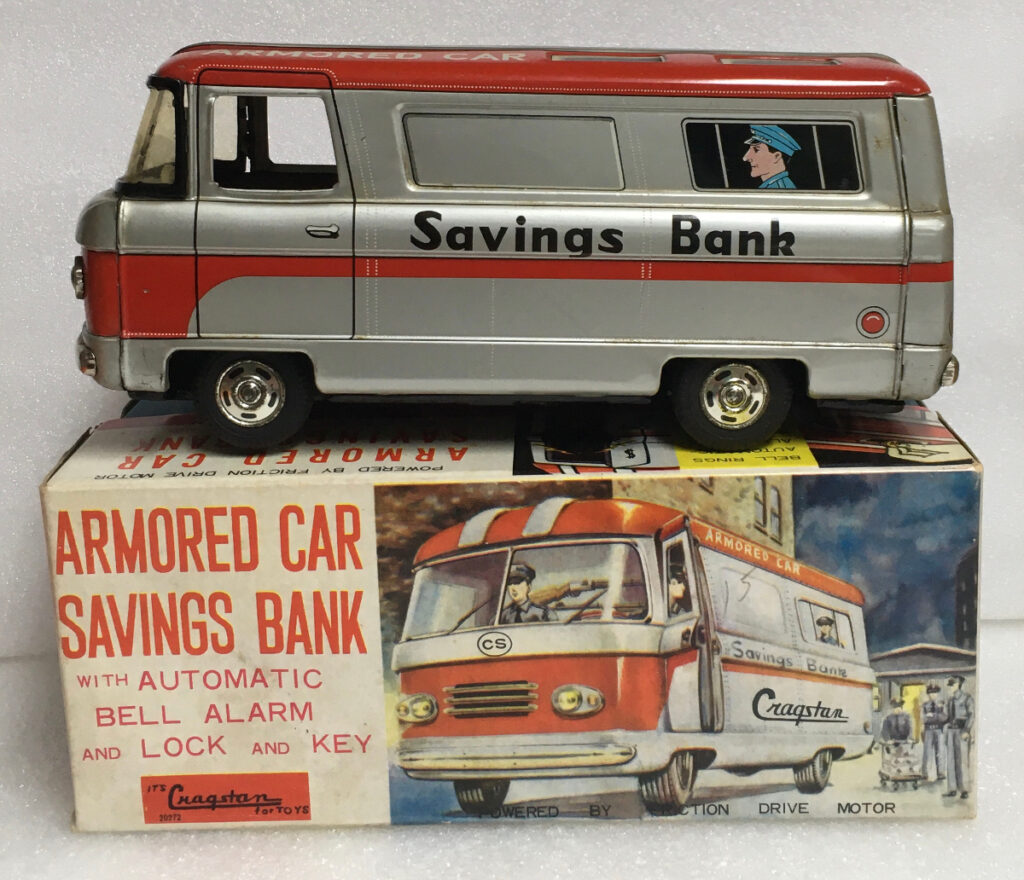 1960's Cragstan Tin Friction Armored Car Savings Bank in the Box 1