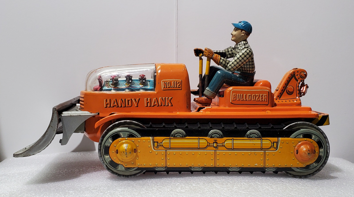 tn-japan-handy-han-battery-operated-bulldozer-3 1960's TN Japan Battery-Operated Tin Litho Handy Hank No. 112 Bulldozer 3