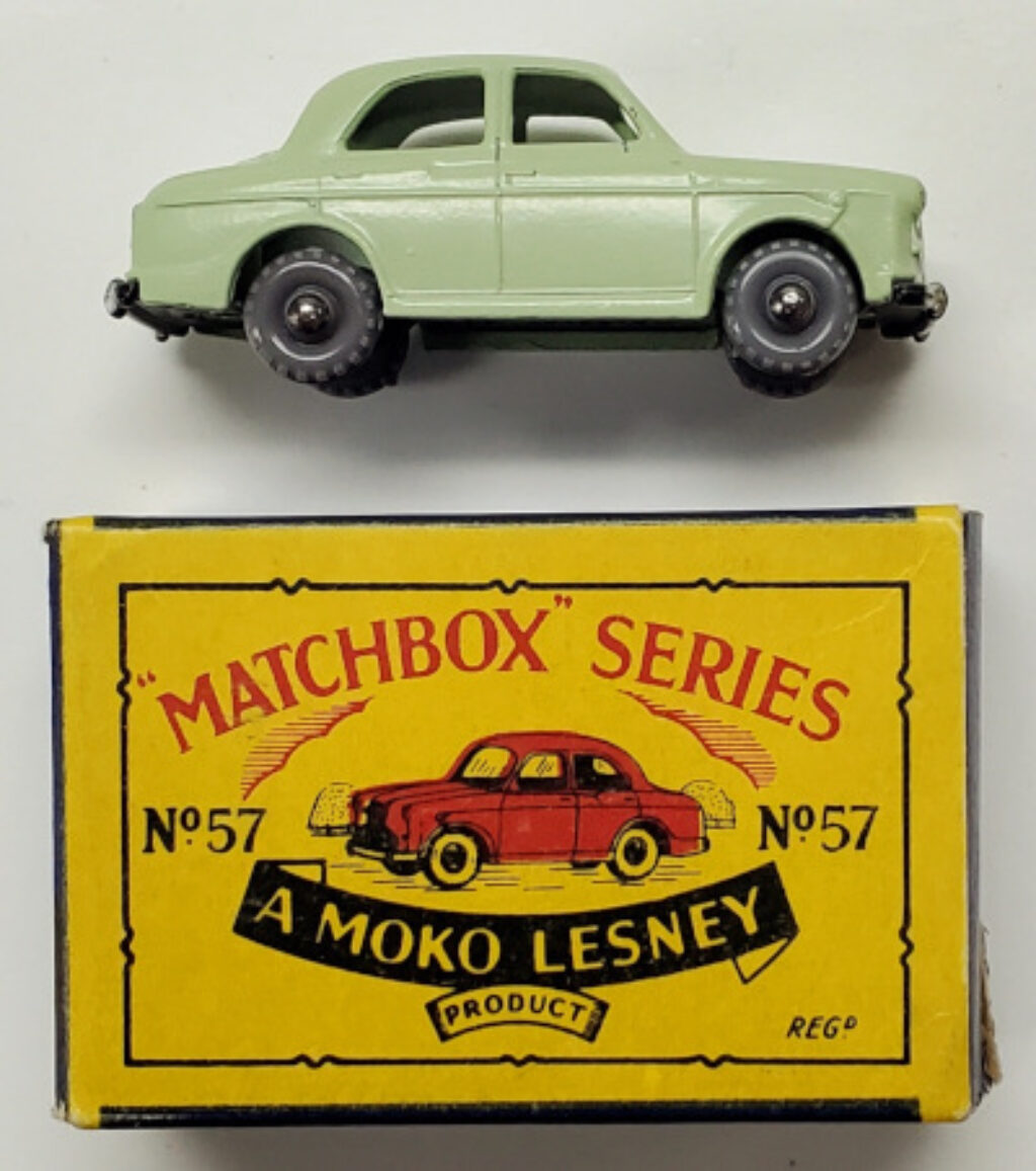 Near Mint 1958 Gray Plastic Wheels Matchbox 57-A Wolsely 1500 Sedan in Original Box 1