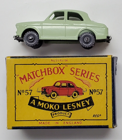 1958-matchbox-57-wolseley-1500-in-box-2 Near Mint 1958 Gray Plastic Wheels Matchbox 57-A Wolsely 1500 Sedan in Original Box 2
