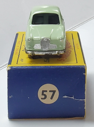 1958-matchbox-57-wolseley-1500-in-box-5 Near Mint 1958 Gray Plastic Wheels Matchbox 57-A Wolsely 1500 Sedan in Original Box 5