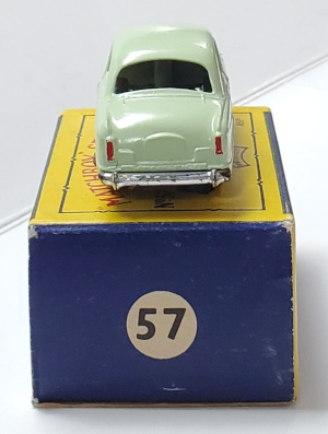 1958-matchbox-57-wolseley-1500-in-box-6 Near Mint 1958 Gray Plastic Wheels Matchbox 57-A Wolsely 1500 Sedan in Original Box 6