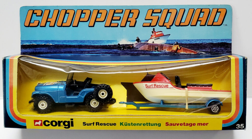MIB 1978 Corgi #35 Chopper Squad Surf Rescue Die Cast Jeep and Boat Set 1