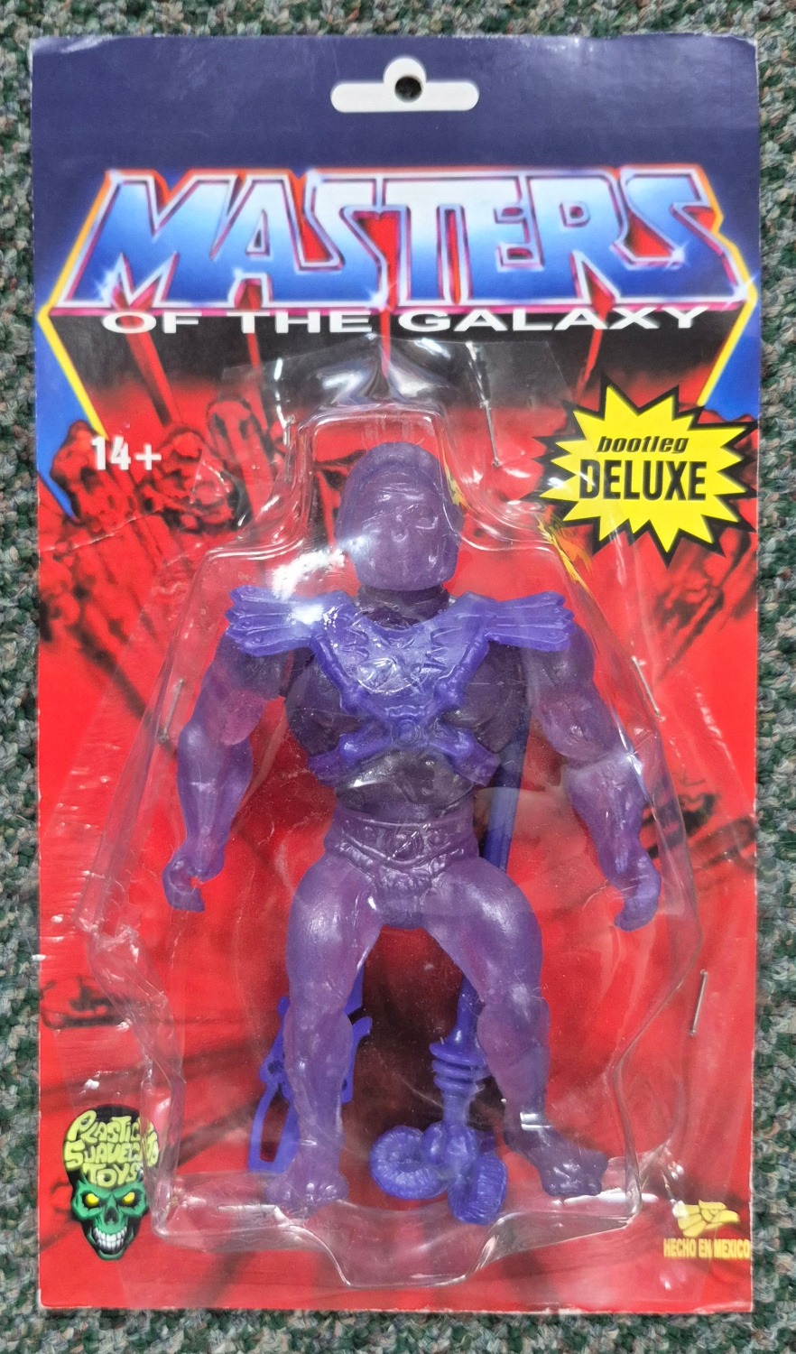 MOC Plastic Suavecito Masters of the Galaxy (MOTU) Transparent Purple Skeletor Action Figure on Factory Sealed Card 1