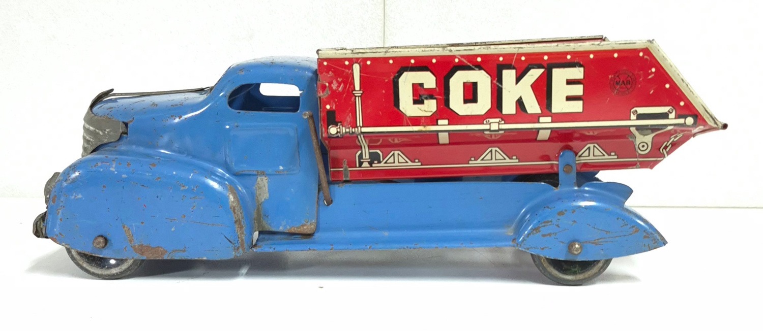 marx-pressed-steel-and-tin-litho-coke-and-coal-dump-truck-3 1940's Marx Pressed Steel and Tin Litho Coke Coal Dump Truck 3