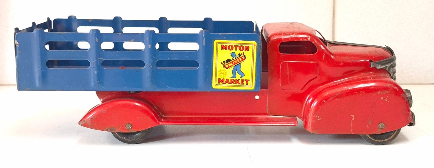 marx-pressed-steel-motor-market-delivery-stake-bed-truck-2 1930's Marx Motor Market Delivery Stake Bed Pressed Steel Truck 2