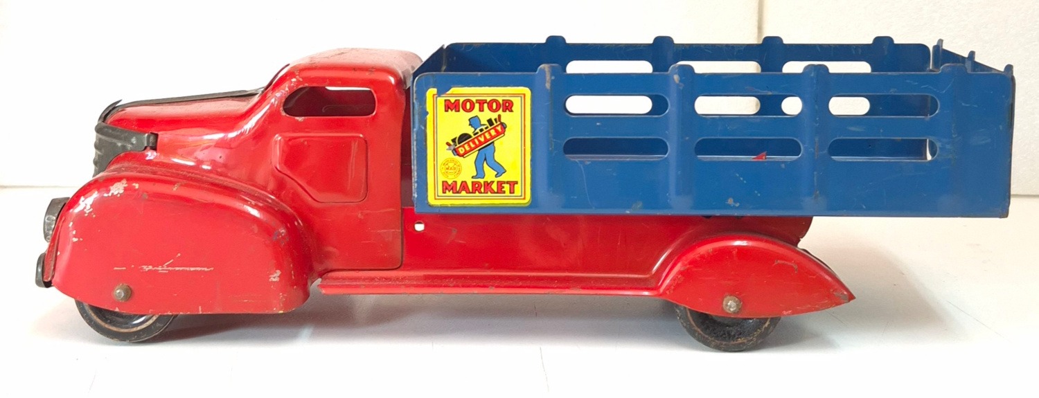 marx-pressed-steel-motor-market-delivery-stake-bed-truck-3 1930's Marx Motor Market Delivery Stake Bed Pressed Steel Truck 3