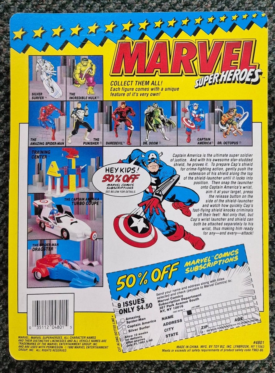toy-biz-marvel-super-heroes-captain-america-moc-2 Toy Biz 1990 Marvel Super Heroes Captain America Action Figure: Mint on Unpunched Card 2
