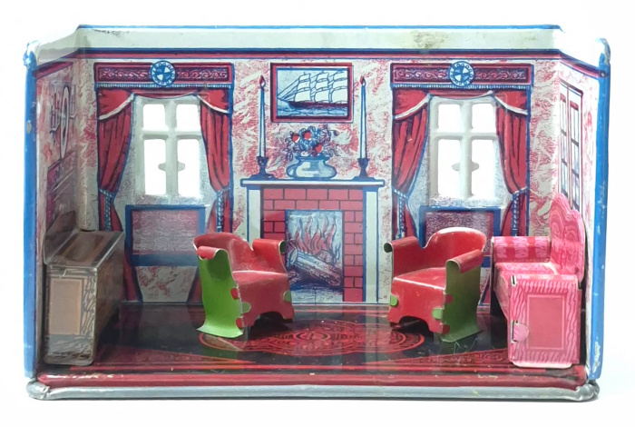 marx-tin-litho-home-town-series-living-room-play-scene-diorama-1 1930's Marx Tin Litho Home Town Series Living Room Play Scene Diorama 1