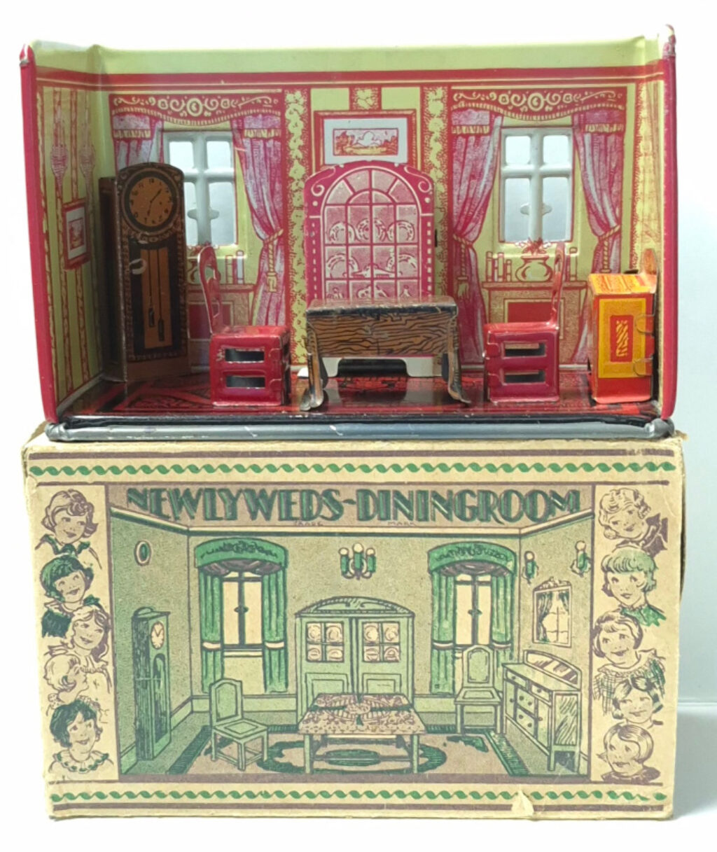 1930's Marx Tin Litho Home Town Series Newlyweds Dining Room Play Scene Diorama with Box 1