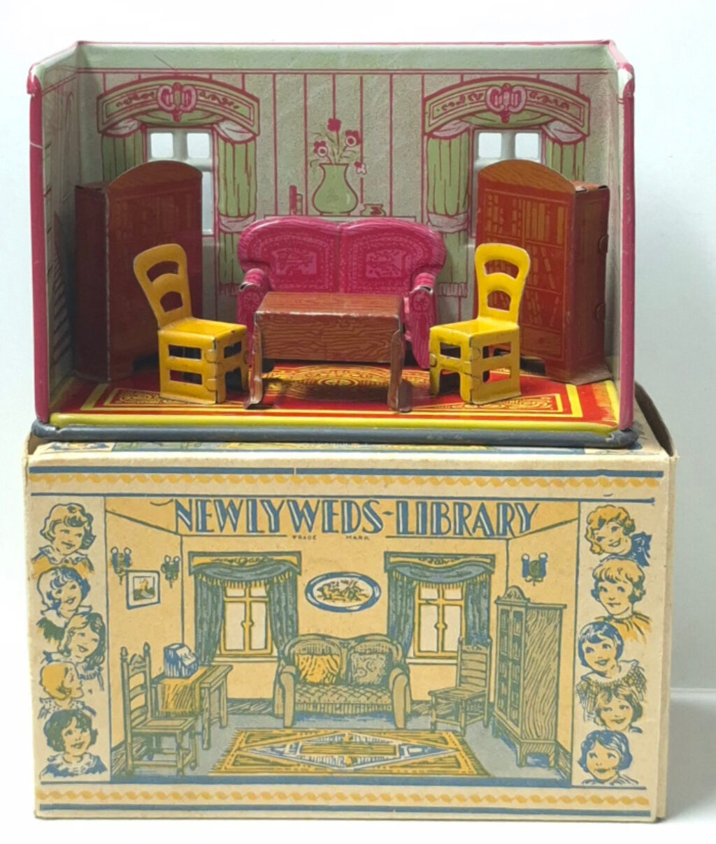 1930's Marx Tin Litho Home Town Series Newlyweds Library Play Scene Diorama with Box 1