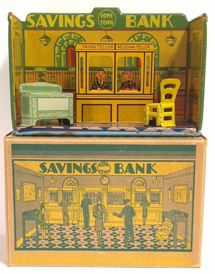 1930's Marx Tin Litho Home Town Series Savings Bank Play Scene Diorama with Box 1