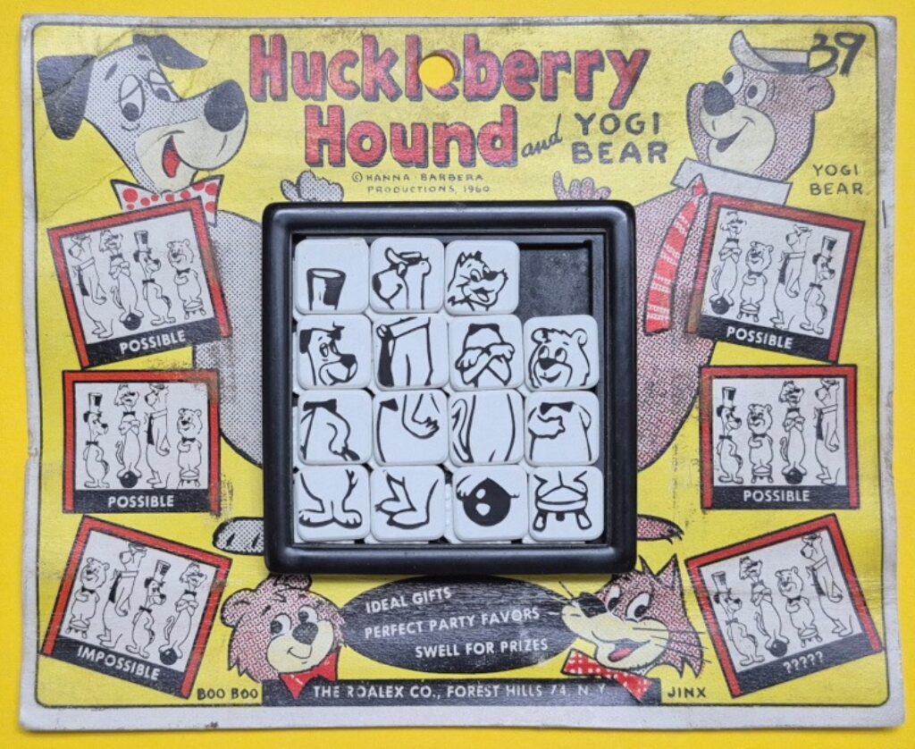 MOC 1960's Roalex Hanna-Barbera Huckleberry Hound and Yogi Bear Sliding Squares Puzzle - Mint on Card 1
