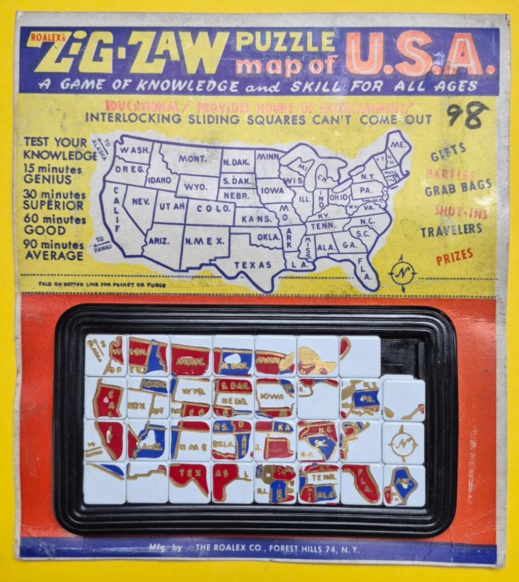 MOC 1960's Roalex Zig-Zaw Puzzle Map of USA Sliding Squares Puzzle - Mint on Card 1