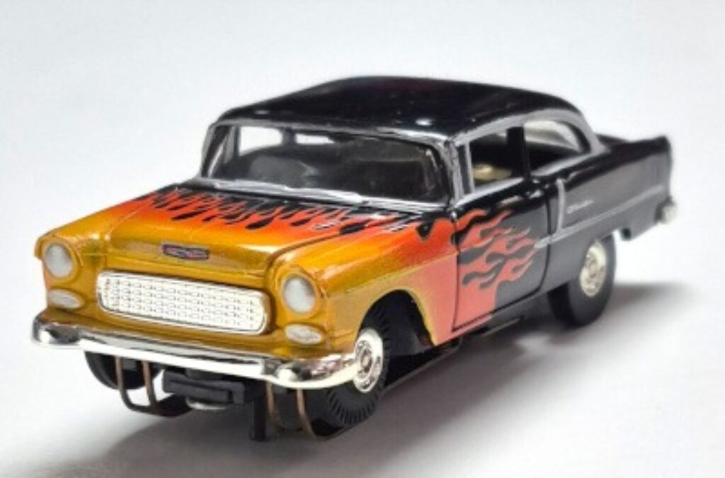 Model Motoring 1955 Chevrolet Bel Air 210 Sedan Black with Flame Finish HO Slot Car: Track Tested 1