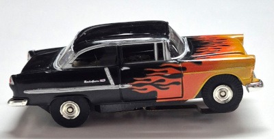 model-motoring-1955-chevrolet-bel-air-210-sedan-black-flamed-finish-3 Model Motoring 1955 Chevrolet Bel Air 210 Sedan Black with Flame Finish HO Slot Car: Track Tested 3