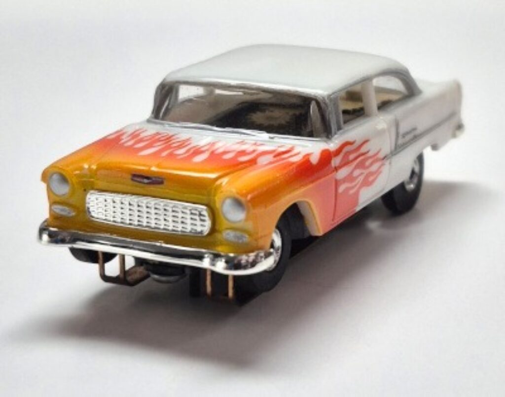 Model Motoring 1955 Chevrolet Bel Air 210 Sedan White with Flame Finish HO Slot Car: Track Tested 1