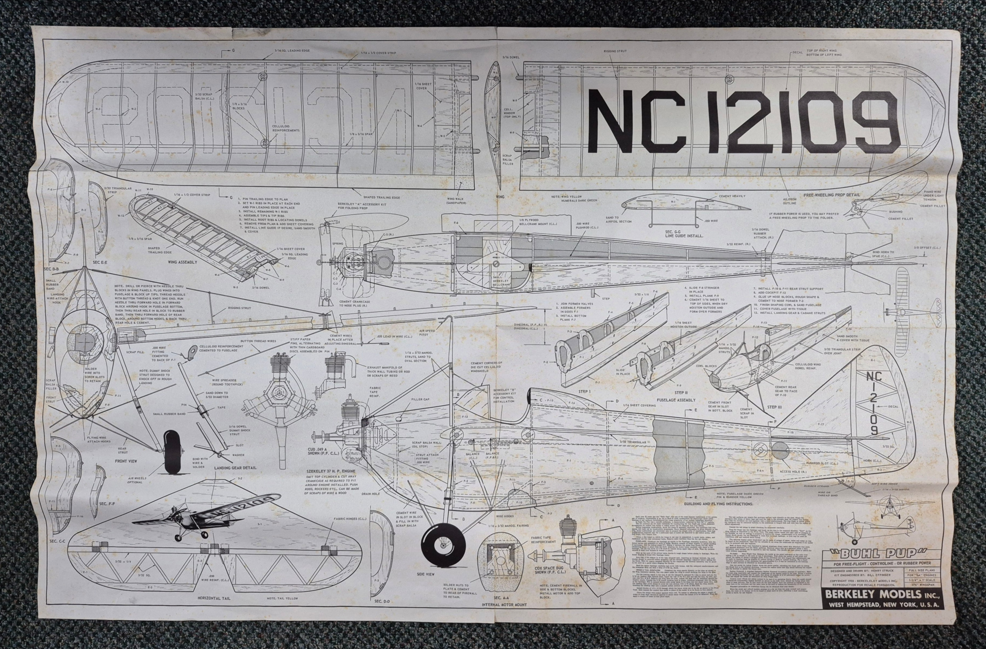 berkeleys-buhl-pup-balsa-wood-airplane-model-kit-7 Vintage 1950's Berkeley "1/2 A" "Buhl Pup" Balsa Wood Airplane Model Kit Unbuilt in the Box 7