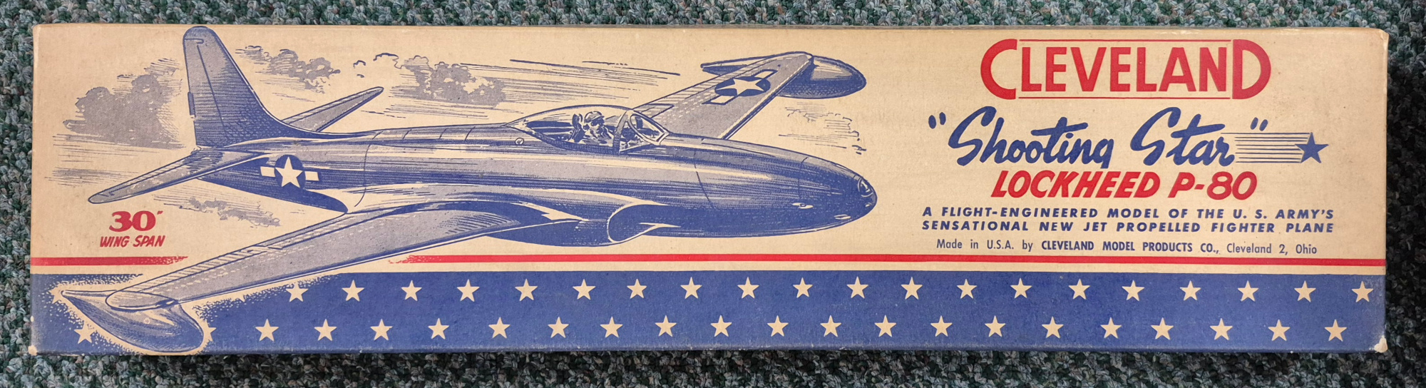cleveland-models-it-90-3022-shooting-star-lockheed-p-80-balsa-wood-airplane-model-kit-1 Vintage 1946 Cleveland Models IT-90 30" Shooting Star Lockheed P-80 Balsa Wood Airplane Model Kit Unbuilt in the Box 1