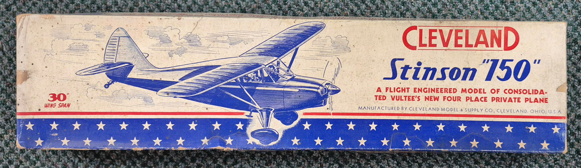Vintage 1946 Cleveland Models IT-98 30" Stinson "150"Balsa Wood Airplane Model Kit Unbuilt in the Box 1