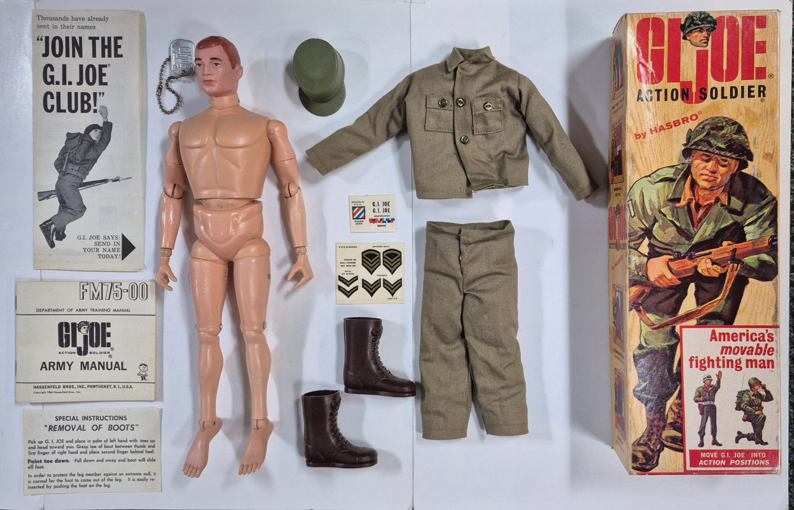 1964 Hasbro G.I. Joe Action Soldier in Fatigues Uniform in 7500 Box with Paperwork & Rank Insignias 1