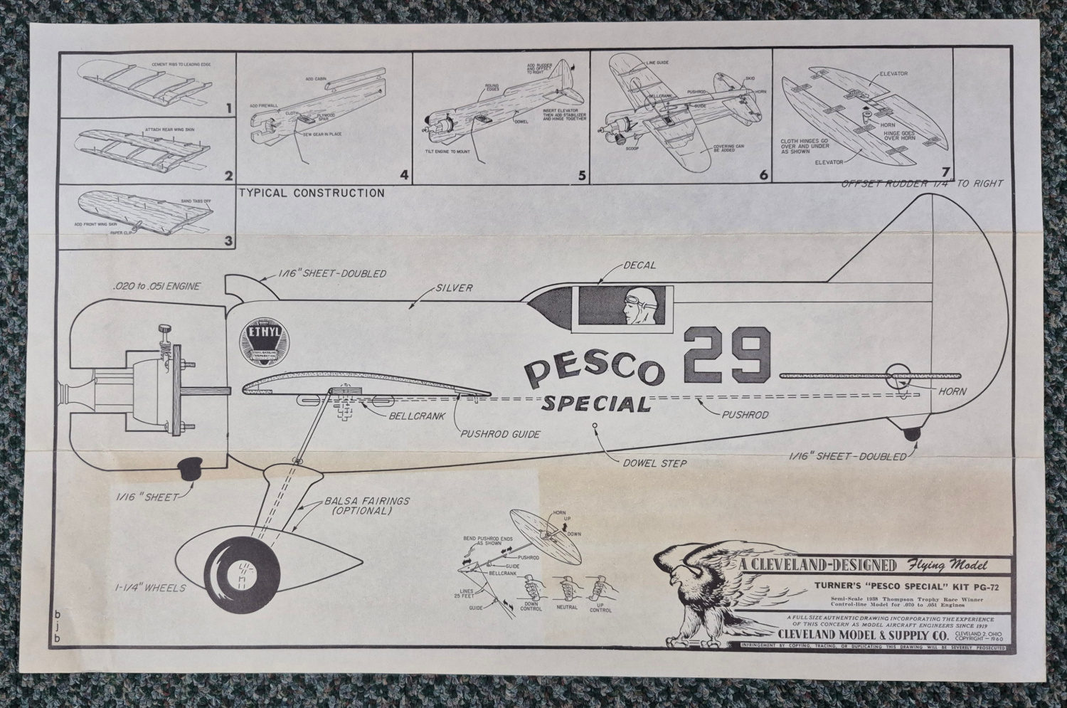 clevelands-thompson-trophy-racers-peco-special-1938-winner-balsa-wood-model-kit-4 Vintage 1960 Cleveland Thompson Trophy Racers Pesco Special 1938 Winner Balsa Wood Flying Airplane Model Kit in Box 4