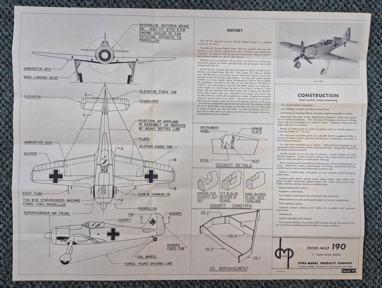 dyna-model-focke-wulf-190-balsa-wood-airplane-model-kit-5 Vintage 1947 Dyna-Model Focke-Wulf 190 Balsa Wood Airplane Model Kit in Box 5