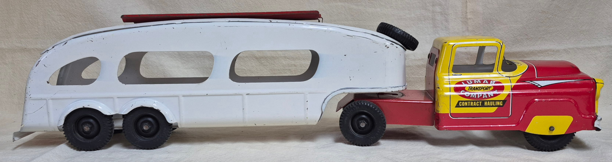 1950's Marx Lumar Transport Company Contract Hauling Car Carrier Pressed Steel Truck with Ramp 1