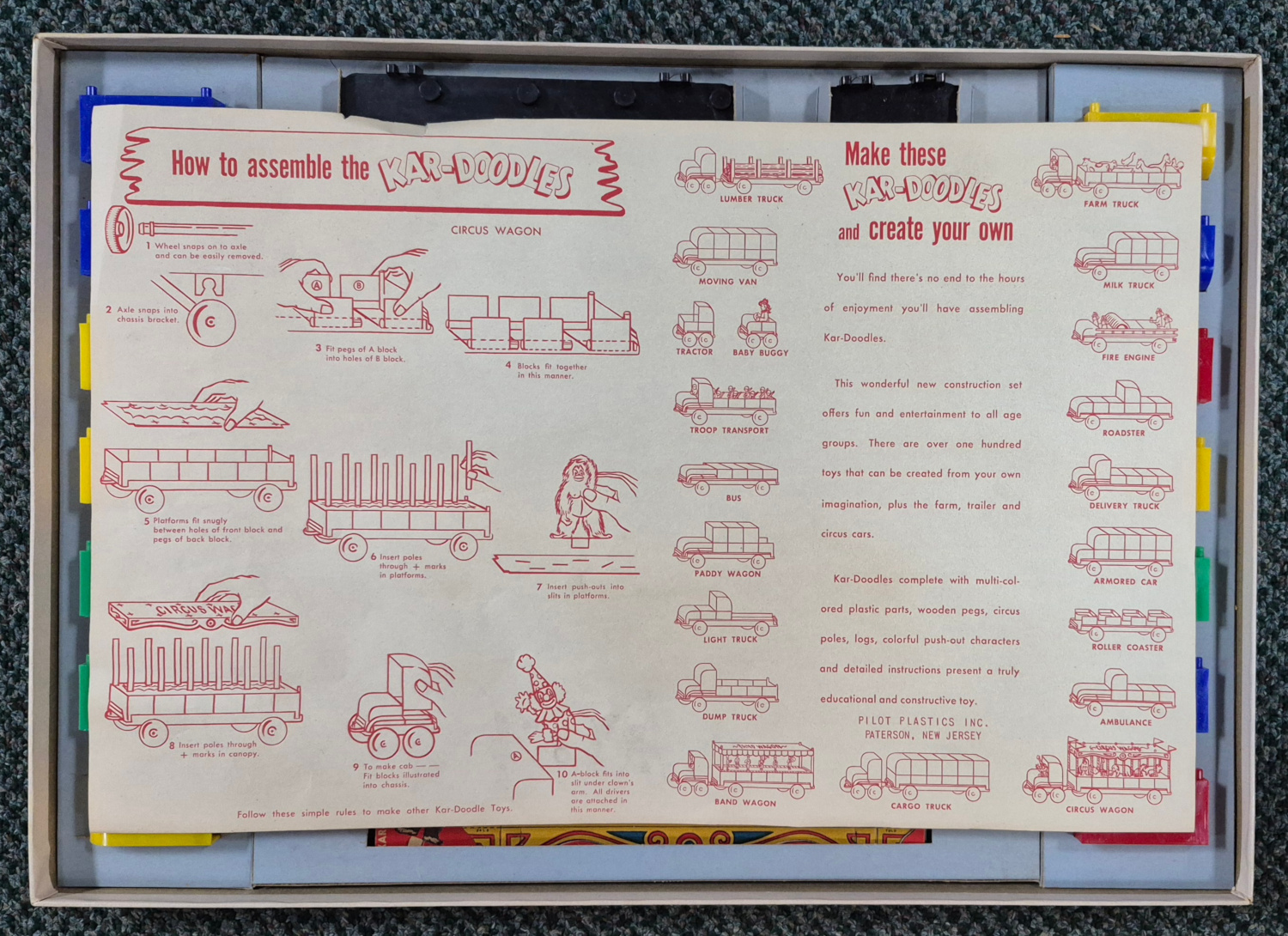 pilot-plastics-kar-doodles-car-toy-construction-set-2 1940's Pilot Plastics Kar-Doodles Car Toy Construction Set Complete in Box 2