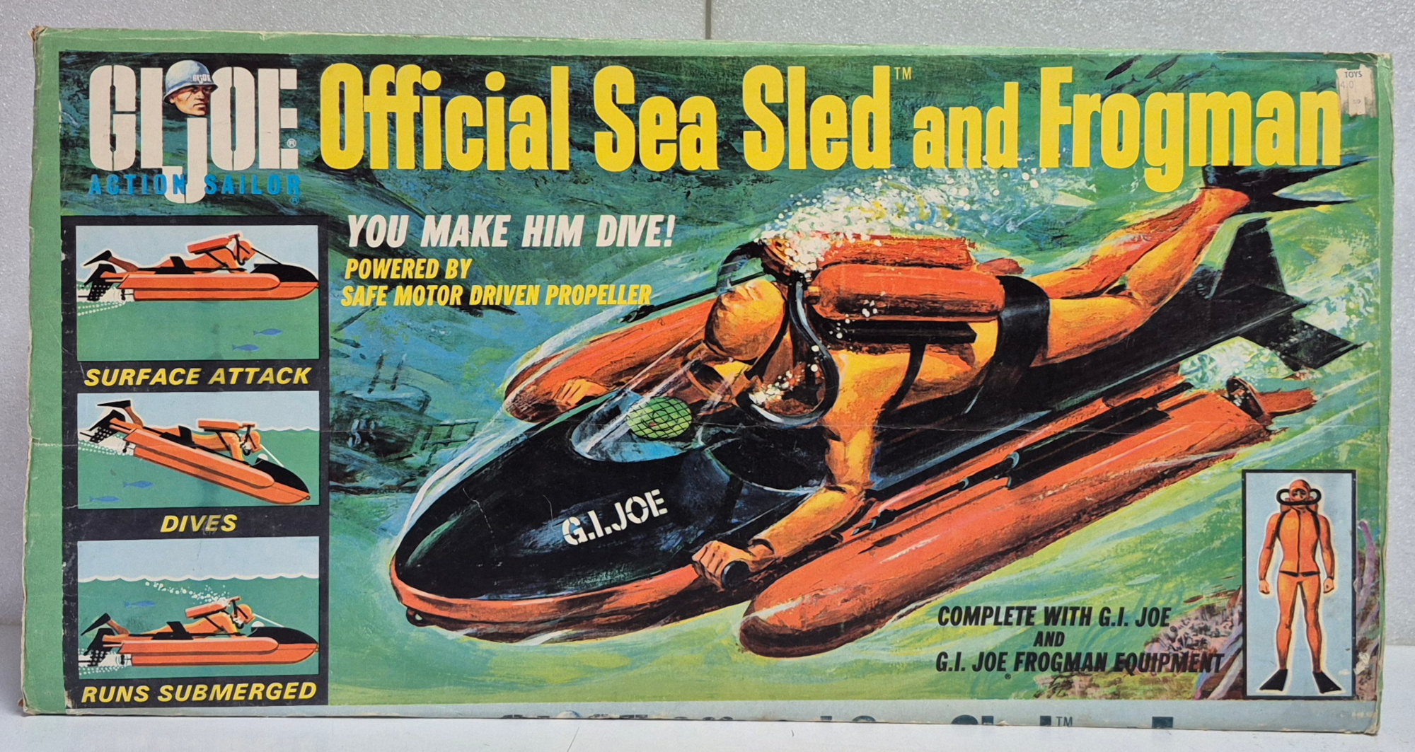 hasbro-1966-gi-joe-action-sailor-official-sea-sled-and-frogman-1 Hasbro 1966 G.I. Joe Action Sailor and Official Sea Sled Set Complete in the Box 1