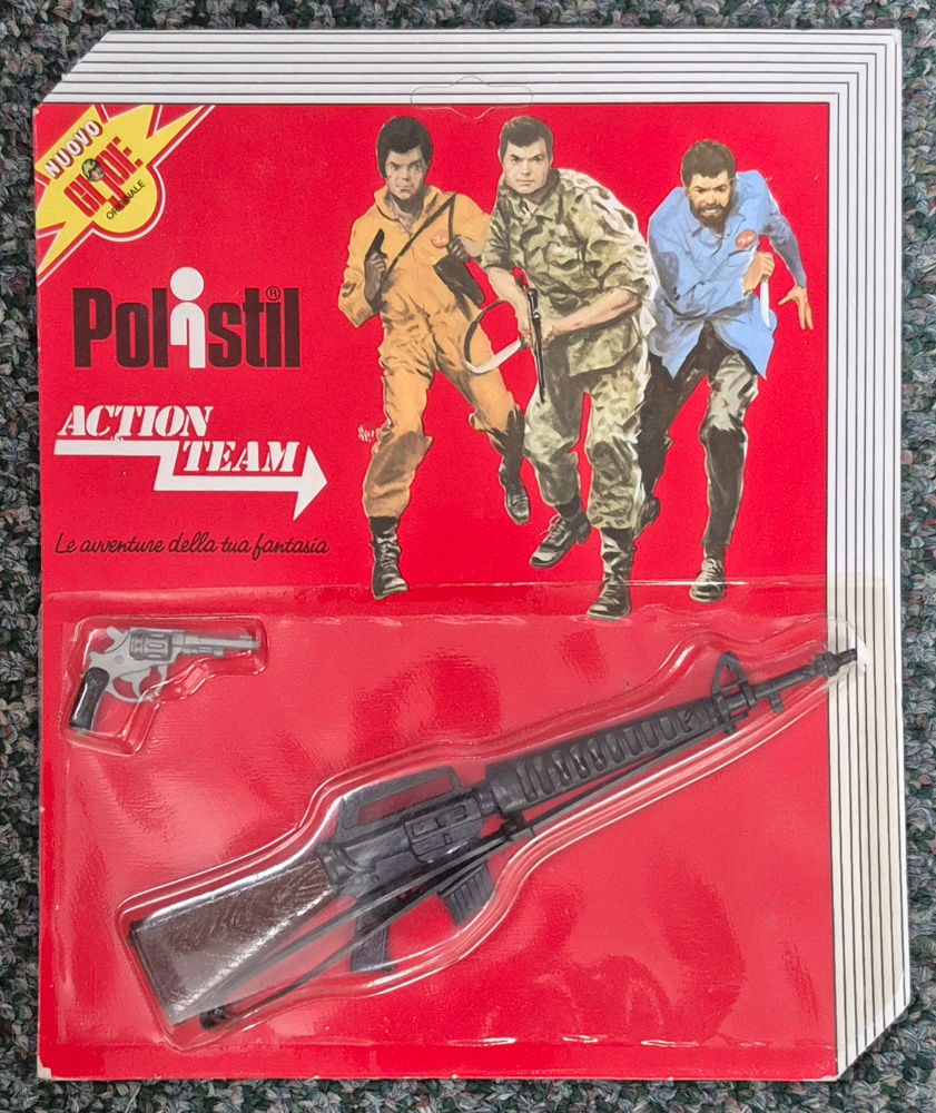polistil-hasbro-action-team-gi-joe-weapons-pack-at-15-1 MOC 1975 Polistil Action Team Hasbro G.I. Joe Weapons Pack AT-15 with Lebel Revolver and M16 Rifle: Factory Sealed 1